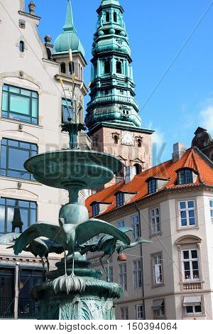 Amagertorv central pedestrian area in Storkespringvandet Copenhagen Denmark