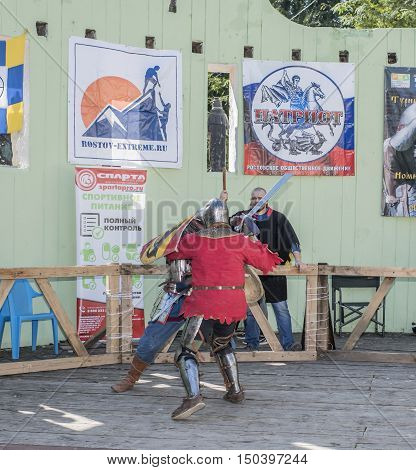 Rostov-on-Don Russia- October 012016: Fight knights in the arena of the park W. Cherevichkin