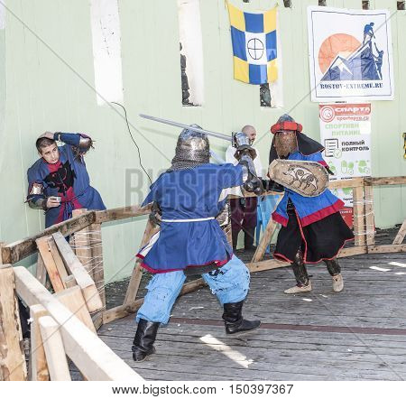 Rostov-on-Don Russia- October 01 2016: Fight knights in the arena of the park W. Cherevichkin