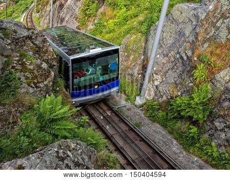 Floibanen funicular to Mt Floyen at Bergen City from Top of Mount Floyen Glass Balcony Viewpoint mountain in Norway