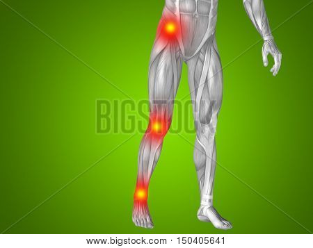 Conceptual 3D illustration of human man anatomy lower body or health design, joint or articular pain, ache or injury on green background