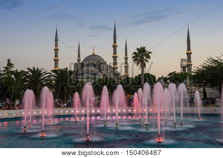 ISTANBUL TURKEY - JUNE 25 2015: Sultan Ahmet Mosque (Turkish: Sultan Ahmet Camii) is a historic mosque in Istanbul Turkey. The mosque is popularly known as the Blue Mosque for the blue tiles adorning the walls of its interior