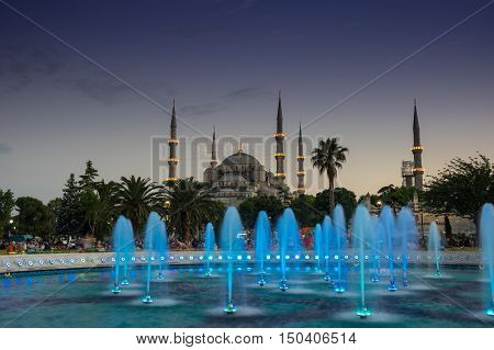 ISTANBUL TURKEY - JUNE 25 2015: Sultan Ahmet Mosque (Turkish: Sultan Ahmet Camii) is a historic mosque in Istanbul Turkey. The mosque is popularly known as the Blue Mosque for the blue tiles adorning the walls of its interior