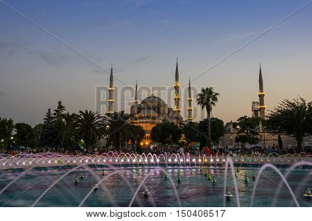 ISTANBUL TURKEY - JUNE 25 2015: Sultan Ahmet Mosque (Turkish: Sultan Ahmet Camii) is a historic mosque in Istanbul Turkey. The mosque is popularly known as the Blue Mosque for the blue tiles adorning the walls of its interior