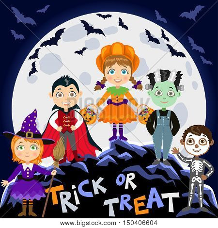 Children in halloween costumes. Vampire Dracula witch pumpkin zombie skeleton. Halloween background