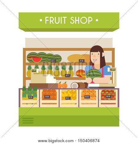 Fruit shop. Vector flat illustration. Girl seller