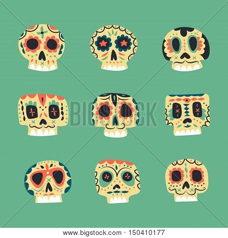 Vector cute ethnic Mexican skulls icons. Dead day symbols collection