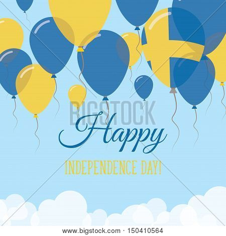 Sweden Independence Day Flat Greeting Card. Flying Rubber Balloons In Colors Of The Swedish Flag. Ha