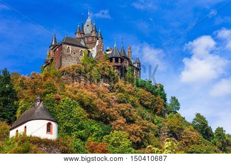 impressive  Reichsburg castle in medieval Cochem. Germany, Rhine river