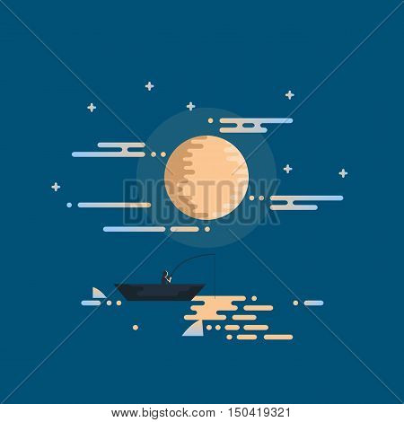 flat night fishing with sharks and moon