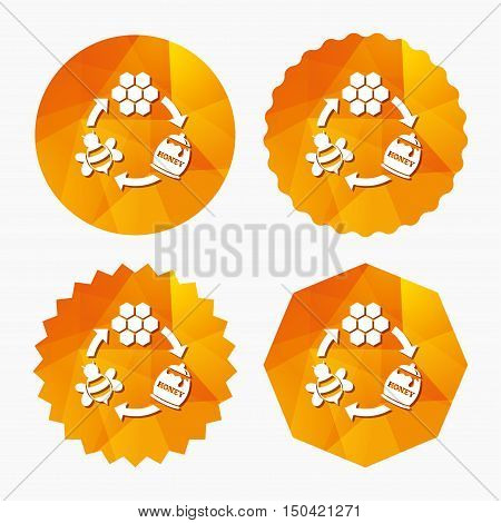 Producing honey and beeswax sign icon. Honeycomb cells symbol. Honey in pot. Sweet natural food cycle in nature. Triangular low poly buttons with flat icon. Vector