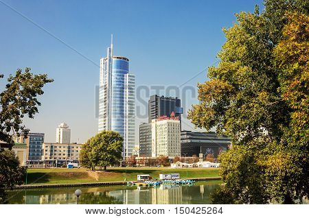 Minsk, Belarus - September 13, 2016: View of center of Minsk city across the Svisloch river