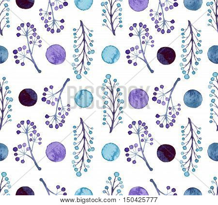Watercolor Blue Branches Verries And Colorful Spots Repeat Pattern