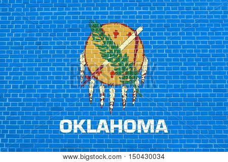 Oklahoman official flag symbol. American patriotic element. USA banner. United States of America background. Flag of the US state of Oklahoma on brick wall texture background, 3d illustration