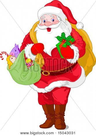 เดินแบกถุงของขวัญของซานตาคลอส  แยกต่างหากบนพื้นหลังสีขาว