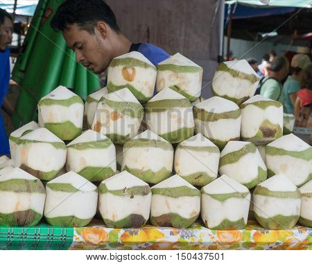 BANGKOK THAILAND 27 August 2016 : coconut shop selling at Chatuchak Weekend Market Bangkok Thailand.