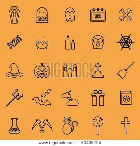 Halloween line color icons on orange background, stock vector