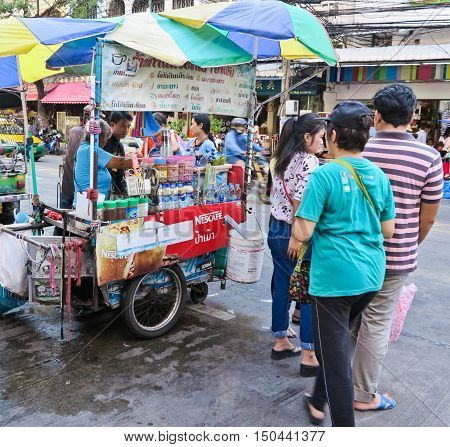 BANGKOK, THAILAND - OCTOBER 2, 2016:coffee cart stall on street at sampeng market on October, 2, 2016, thailand.