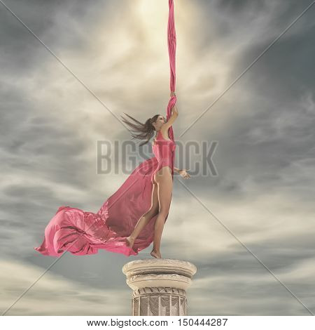 Young beautiful girl stands up on a column in gymnast suit. This is a 3d render illustration
