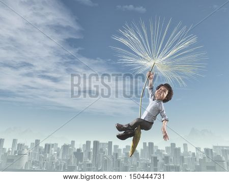 Man flies over a city with dendelion. This is a 3d render illustration