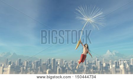 The young girl flies over a city with dendelion. This is a 3d render illustration