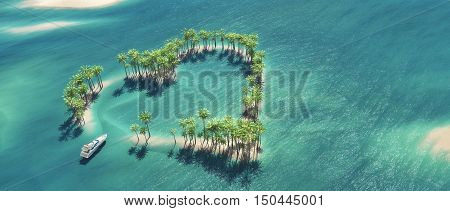 Heart-shaped tropical island in middle of the ocean and a boat going through. This is a 3d render illustration