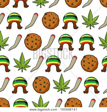Rasta Icons Seamless Pattern. Green Leaf Of Marijuana And Cookie. Rastafarian Hat And Joint Or Splif