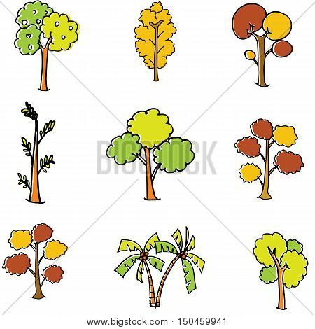 Doodle of tree set differrent collection vector illustration