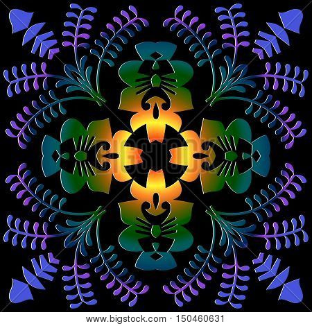 Circular pattern of floral motif flowers branches leave ellipses label.