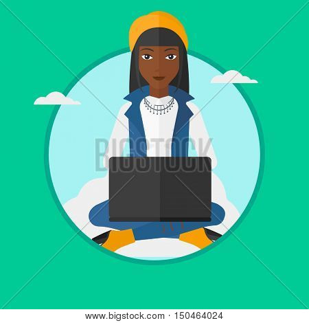 An african woman sitting on a cloud with a laptop on her knees. Woman using cloud computing technology. Cloud computing concept. Vector flat design illustration in the circle isolated on background.