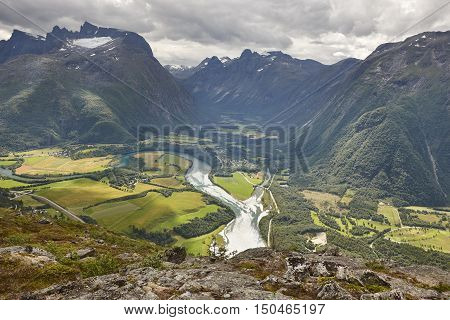 Norway landscape. Romsdal fjord Rauma river and Romsdal mountains. Andalsnes. Nesaksla