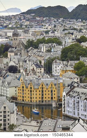 Norway. Alesund city viewpoint Aksla mountain. Norwegian urban landscape. Vertical