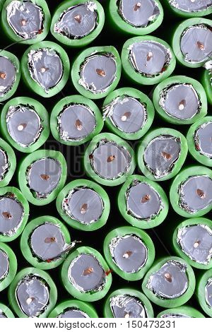 Group of green coaxial tv cables closeup