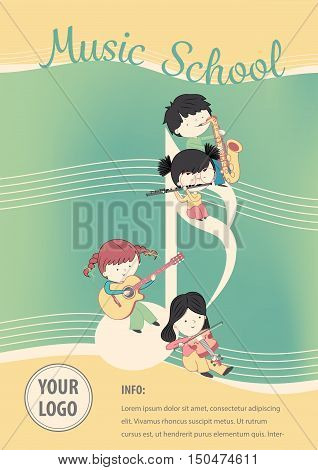 Music school poster vector - Flyer Design with children and many instrument. Vector template of invitation flyer poster or greeting card.