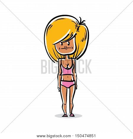 Facial expression of a blonde girl sexy female vector cartoon drawing. Hand drawn illustration of depressed person.
