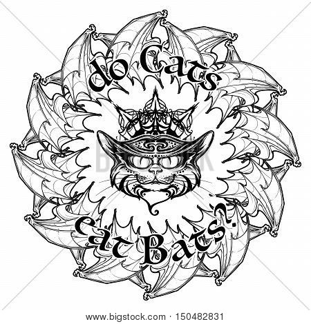 Halloween illustration with black cat head on circular ornament of bat wings. Intricate hand drawing. Halloween concept design. T-shirt print. Tattoo design. EPS10 vector illustration.