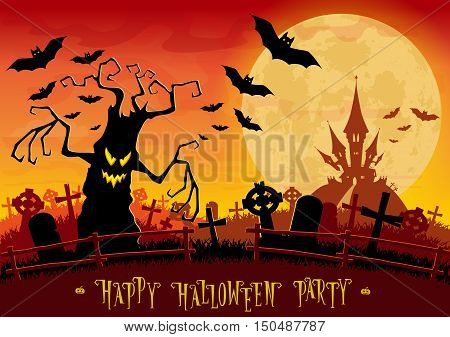 Halloween background. Monsters trees on old cemetery backdrop on scary castle moon bats and graves. Concept for banner poster flyer cards or invites on party. Cartoon style. Vector illustration