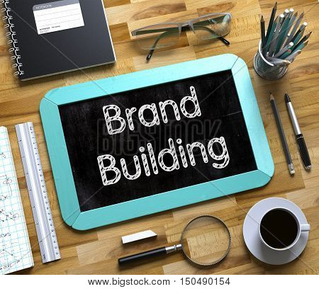 Top View of Office Desk with Stationery and Mint Small Chalkboard with Business Concept - Brand Building. Small Chalkboard with Brand Building Concept. 3d Rendering.