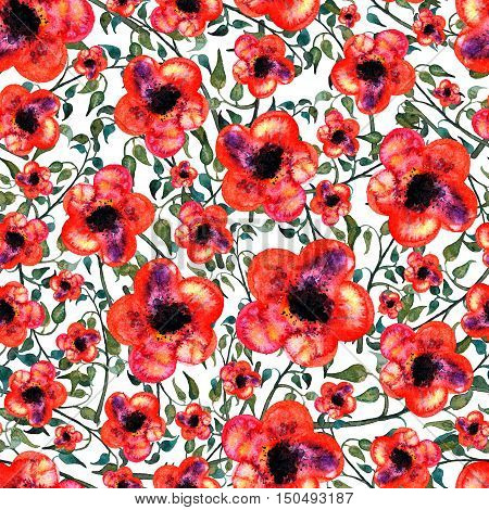 Seamless foliate watercolor ornament on white background and red flower