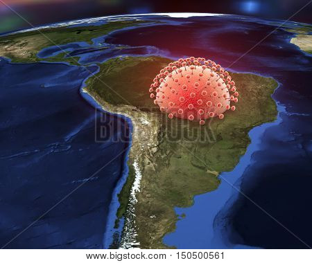 Zika virus and Brazil, 3D illustration. A virus which causes Zika fever found in Brazil and other tropical countries. Zika fever in pregnant women leads to microcephaly in fetus. Elements of image furnished by Nasa