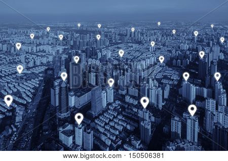 Map pin flat of network connection in city. Network connection concept.