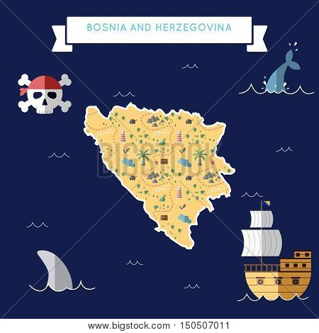 Flat Treasure Map Of Bosnia And Herzegovina. Colorful Cartoon With Icons Of Ship, Jolly Roger, Treas
