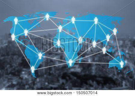 Global social network or people management connection diagram icons with map connection. Network work connections concept