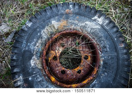 Old used tire cover on the grass. Close up.