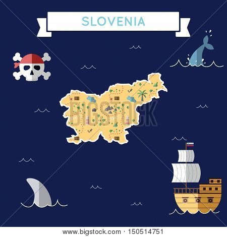 Flat Treasure Map Of Slovenia. Colorful Cartoon With Icons Of Ship, Jolly Roger, Treasure Chest And