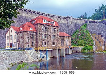 Hydroelectric power plant and dam on Bobr River in Pilchowice Bobr Valley Landscape Park Poland.