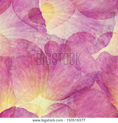 Bright seamless colorful pattern for scrapbook. Collage with hand made watercolor blots hearts rose petals. Batik style background backdrop