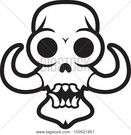 Black and white skull outline with large tusks, open mouth, big teeth, and one broken tooth