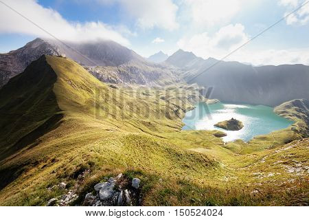 Schrecksee alpine lake in sunshine in Germany