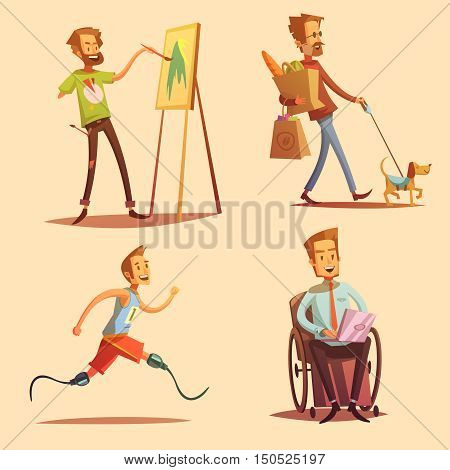 Disabled people leading happy life retro cartoon 2x2 flat icons set isolated vector illustration